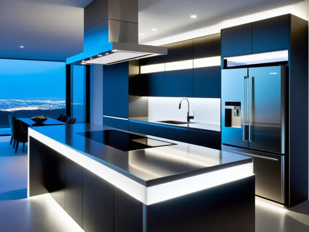 Cocina moderna de diseño futurista con electrodomésticos de acero inoxidable de última generación y materiales innovadores de alta tecnología Una cocina moderna con electrodomésticos de acero inoxidable y materiales innovadores para electrodomésticos, con un diseño limpio y de vanguardia