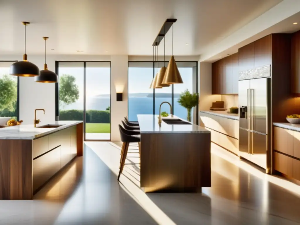 Cocina moderna y lujosa con luz natural Una cocina moderna con electrodomésticos de acero inoxidable, encimeras de mármol y cálidos acentos de madera
