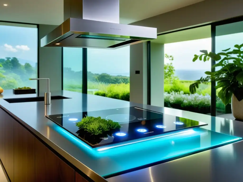 Cocina moderna con ventana panorámica y tecnología de vanguardia Una cocina moderna con electrodomésticos de acero inoxidable y una ventana de vidrio transparente que muestra un exuberante jardín