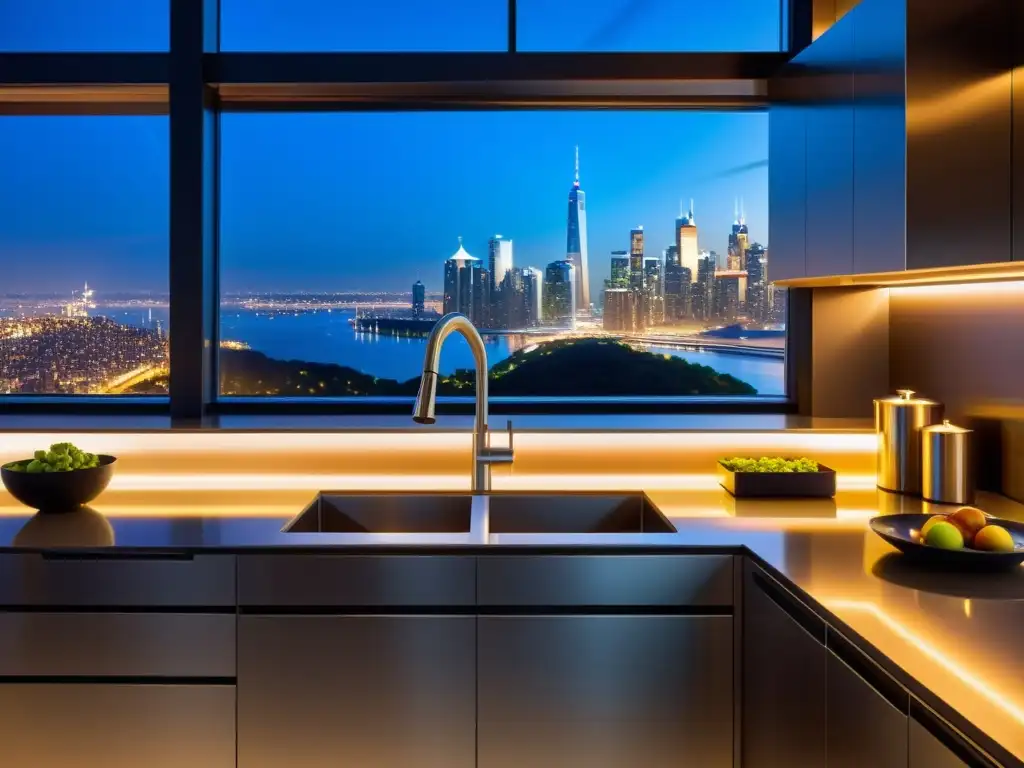 Cocina futurista con tecnología de vanguardia y vistas urbanas Una cocina moderna con electrodomésticos de acero inoxidable y gadgets de cocina futuristas
