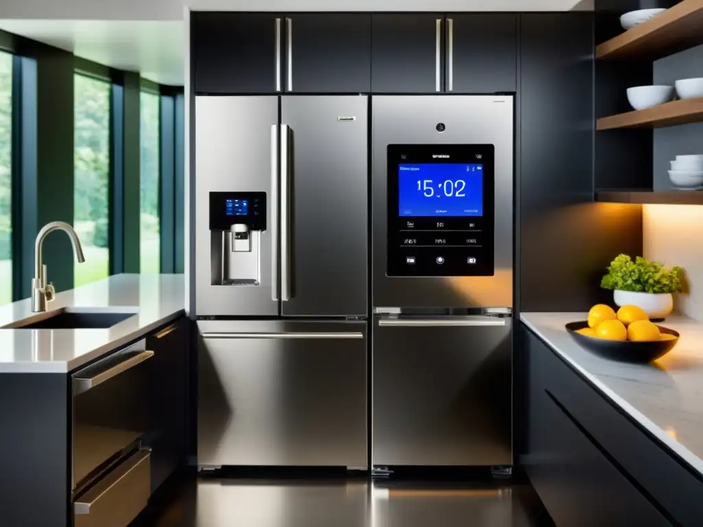 Cocina inteligente con tecnología moderna Una cocina moderna con electrodomésticos de acero inoxidable e integración de tecnología inteligente en cada aspecto
