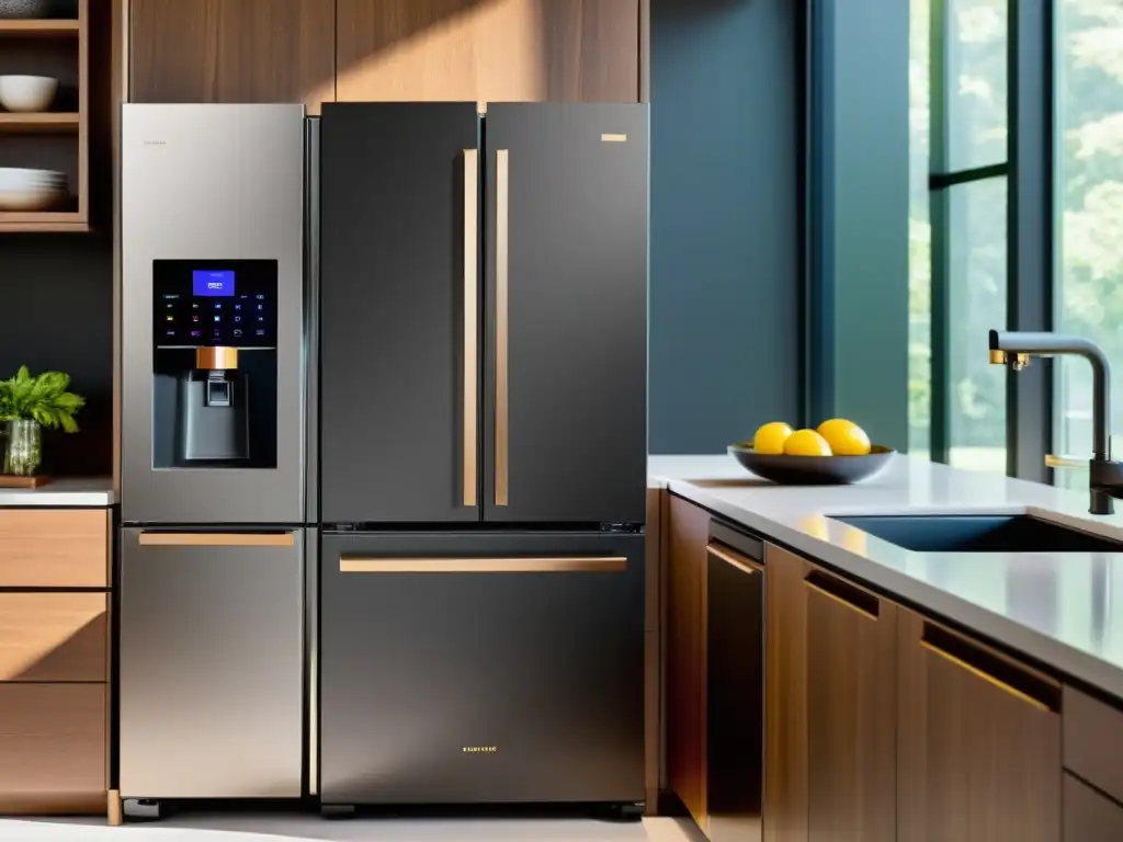 Cocina moderna con electrodomésticos inteligentes integrados Una cocina moderna con electrodomésticos de acero inoxidable y tecnologías emergentes en electrodomésticos conectados