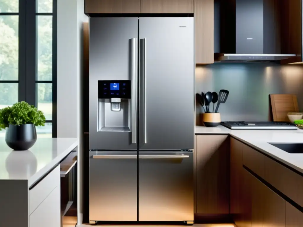 Cocina moderna con electrodomésticos inteligentes y minimalistas Cocina moderna con electrodomésticos de acero inoxidable y tecnología Smart Home