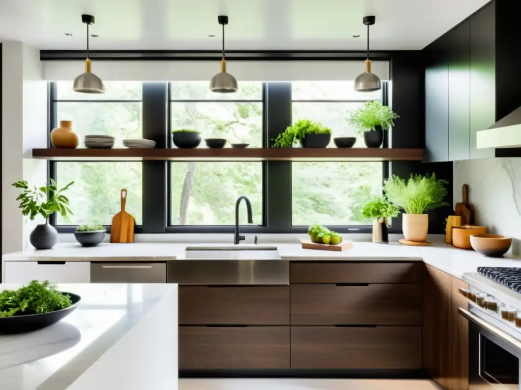 Cocina moderna con electrodomésticos de acero inoxidable y tecnología inteligente Una cocina moderna con electrodomésticos de acero inoxidable, isla amplia con estufa incorporada y utensilios colgantes