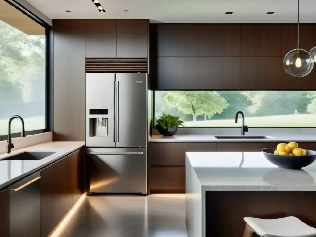 Cocina moderna: lujo y eficiencia con electrodomésticos de acero inoxidable Una cocina moderna con electrodomésticos de acero inoxidable, encimeras de granito y mucha luz natural