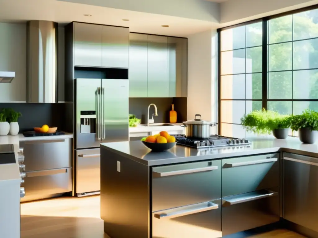 Cocina moderna impecable con electrodomésticos de acero inoxidable Una cocina moderna con electrodomésticos de acero inoxidable impecablemente limpios y relucientes