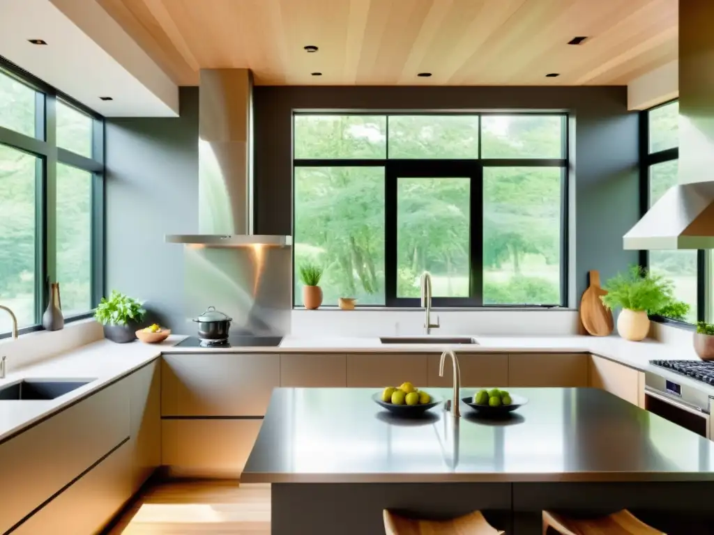 Una cocina moderna con electrodomésticos de acero inoxidable de alta eficiencia, incluyendo un refrigerador, lavavajillas y estufa LED
