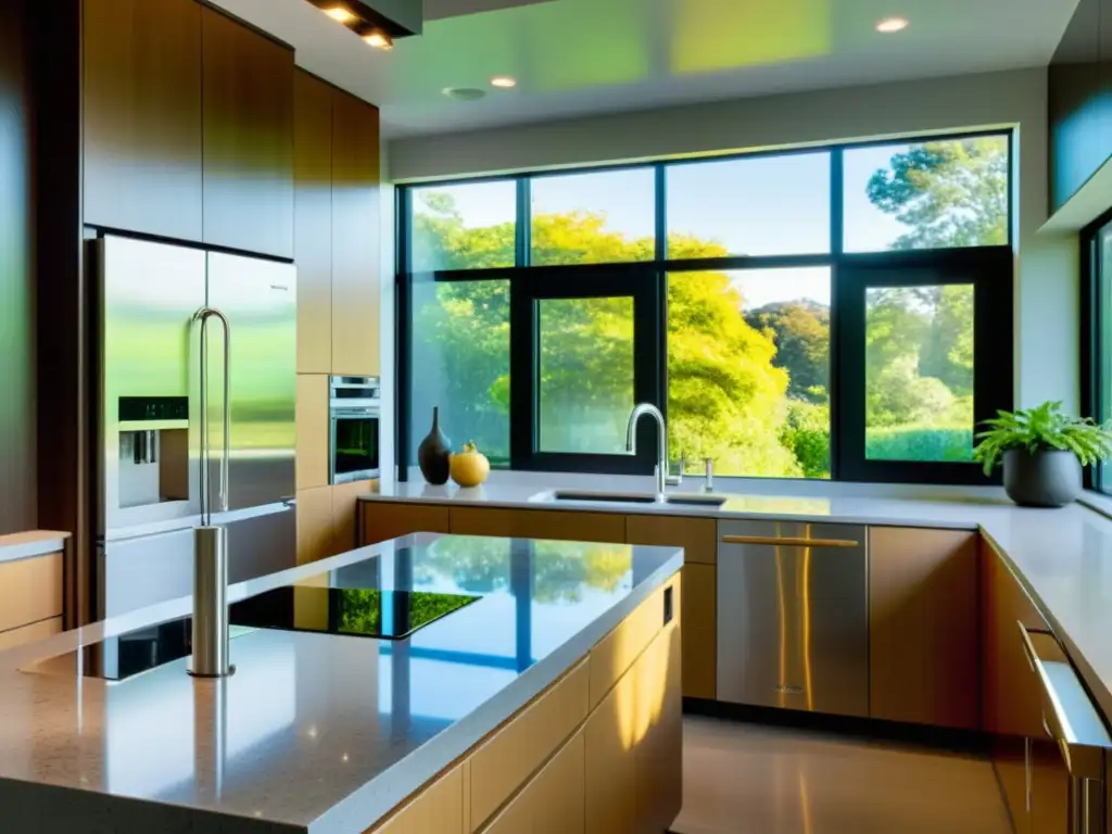 Una cocina moderna con electrodomésticos de acero inoxidable, encimeras de granito y una ventana grande con vista a un exuberante jardín