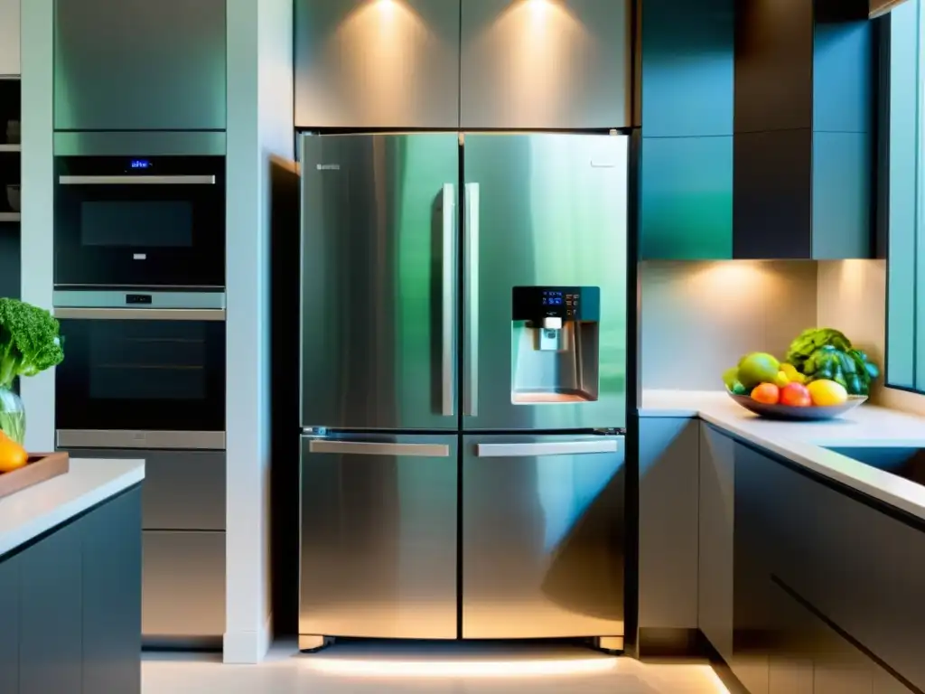 Refrigerador moderno con alimentos frescos en una cocina contemporánea Una cocina moderna con electrodomésticos de acero inoxidable y un elegante refrigerador con puerta de vidrio transparente y luces LED