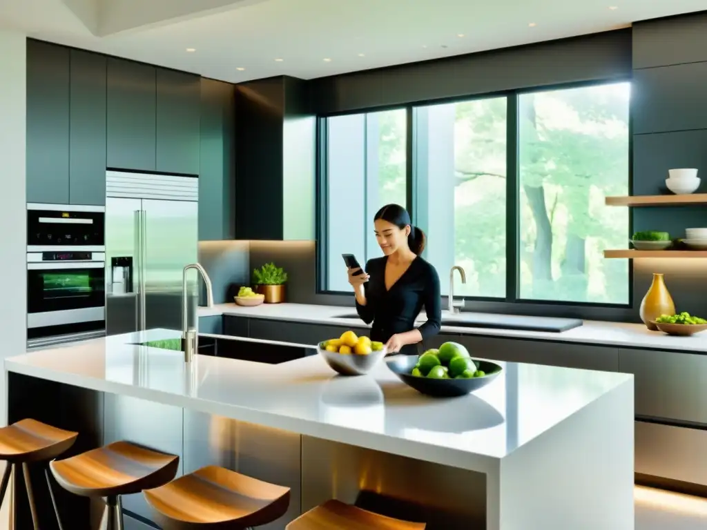 Cocina moderna: mujer empoderada prepara comida Una cocina moderna con electrodomésticos de acero inoxidable, iluminada por luz natural