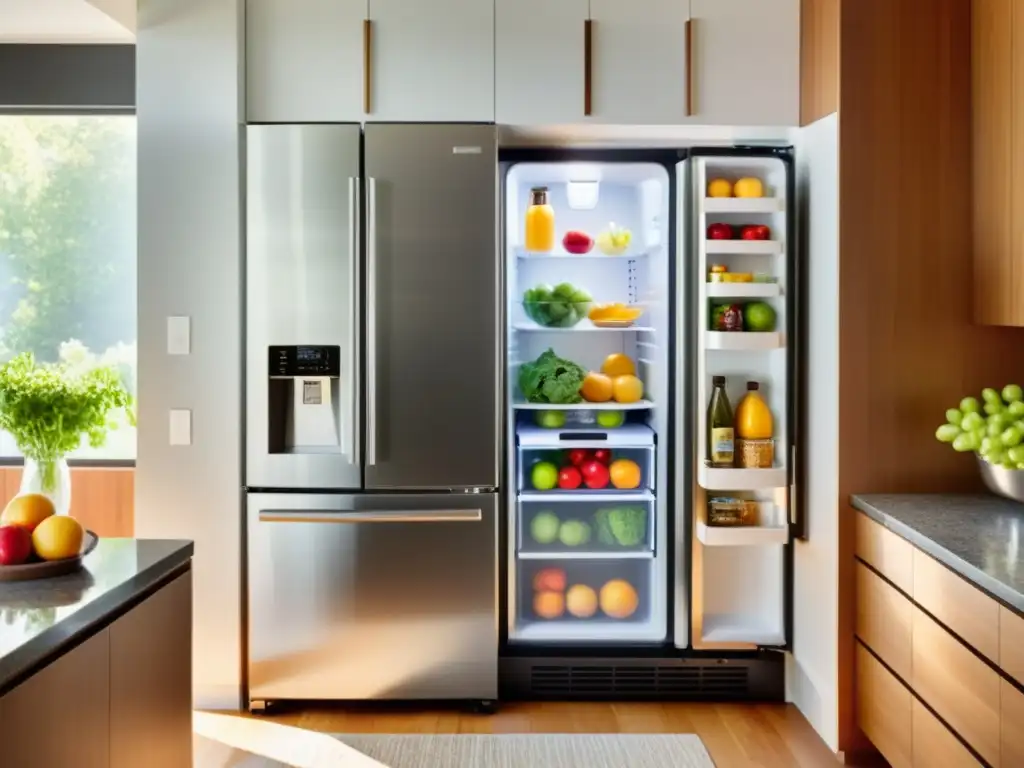 Cocina moderna con refrigerador lleno de alimentos frescos Una cocina moderna con electrodomésticos de acero inoxidable, frutas frescas, verduras y lácteos en la encimera de granito