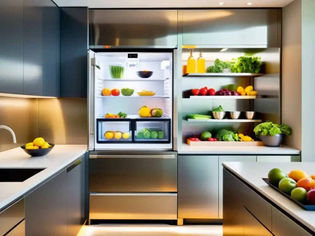 Moderna cocina con electrodomésticos de acero inoxidable y alimentos frescos Una cocina moderna con electrodomésticos de acero inoxidable y una nevera de doble puerta llena de frutas y verduras