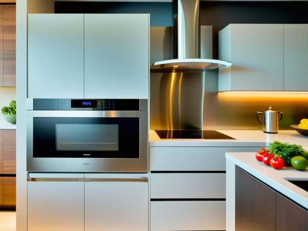 Cocina moderna: Cocina rápidamente con microondas Una cocina moderna con electrodomésticos de acero inoxidable y un microondas de última generación