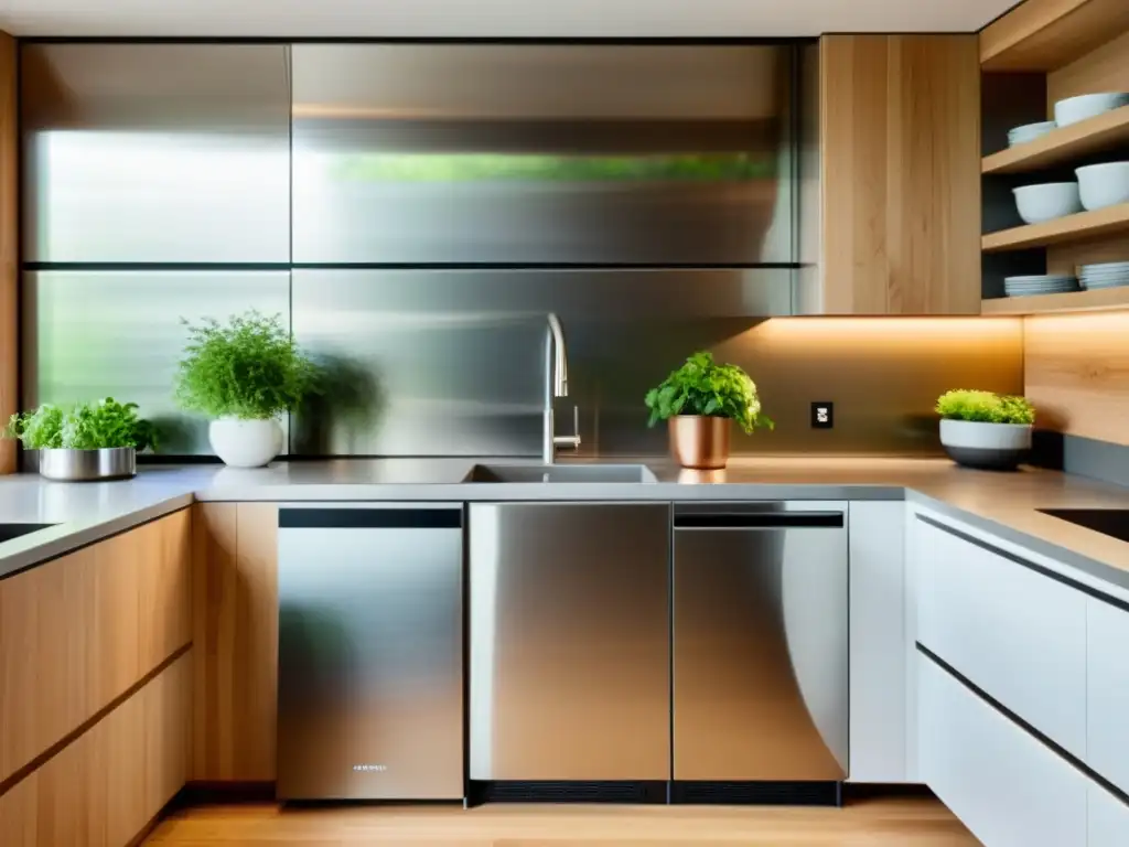 Cocina moderna y sostenible: diseño ecofriendly con electrodomésticos de acero inoxidable y ambiente luminoso Cocina moderna con electrodomésticos de acero inoxidable, contenedores de reciclaje y ambiente sostenible