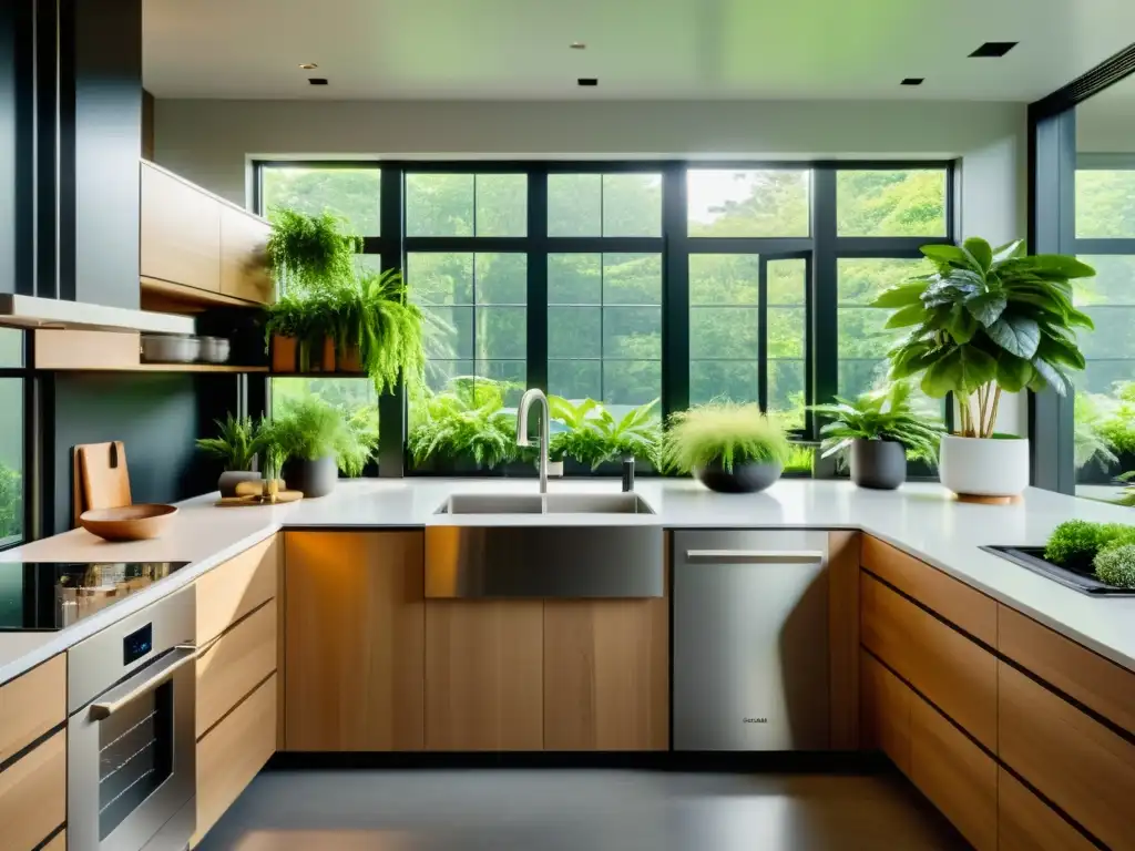 Cocina moderna con electrodomésticos de acero inoxidable y plantas verdes Cocina moderna con electrodomésticos de acero inoxidable, rodeada de plantas verdes y luz natural