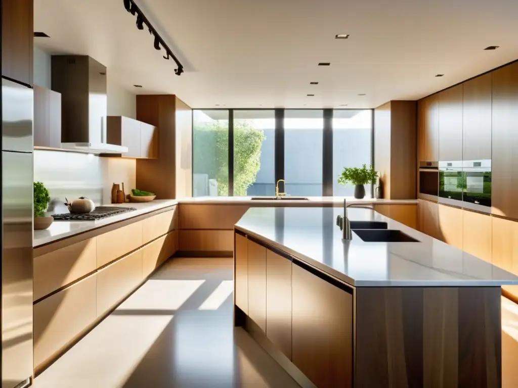 Una cocina moderna con electrodomésticos de acero inoxidable y encimeras de mármol