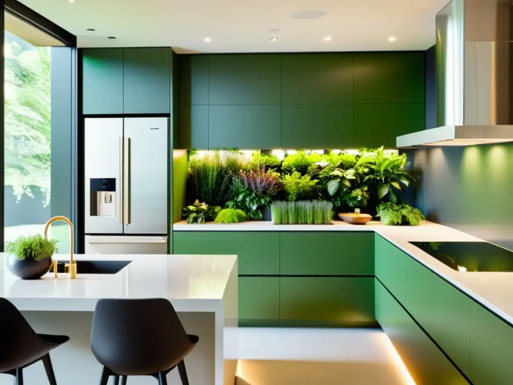 Una cocina moderna con electrodomésticos de acero inoxidable, tecnología ecoinnovadora y un jardín vertical