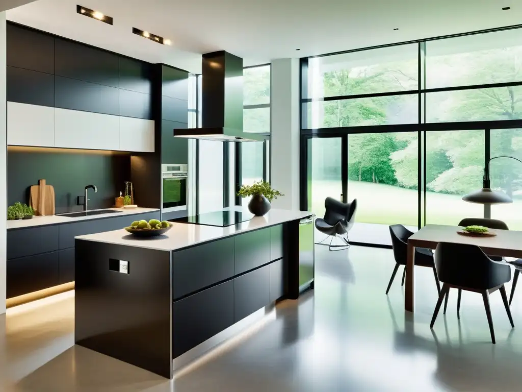 Una cocina moderna con electrodomésticos de acero inoxidable y acabados en negro, diseñados para durar