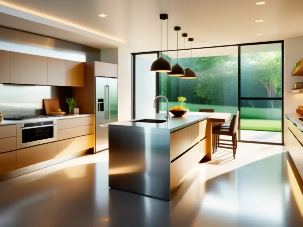 Una cocina moderna con electrodomésticos de acero inoxidable y contenedores de reciclaje organizados, creando un ambiente ecofriendly