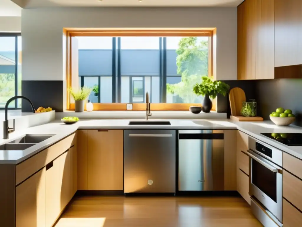 Una cocina moderna con electrodomésticos de acero inoxidable, reciclaje y luz del sol destaca la importancia de electrodomésticos en gestión de residuos
