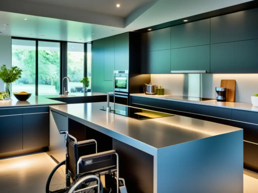 Una cocina moderna con electrodomésticos adaptados para personas con movilidad reducida, espaciosa e inclusiva