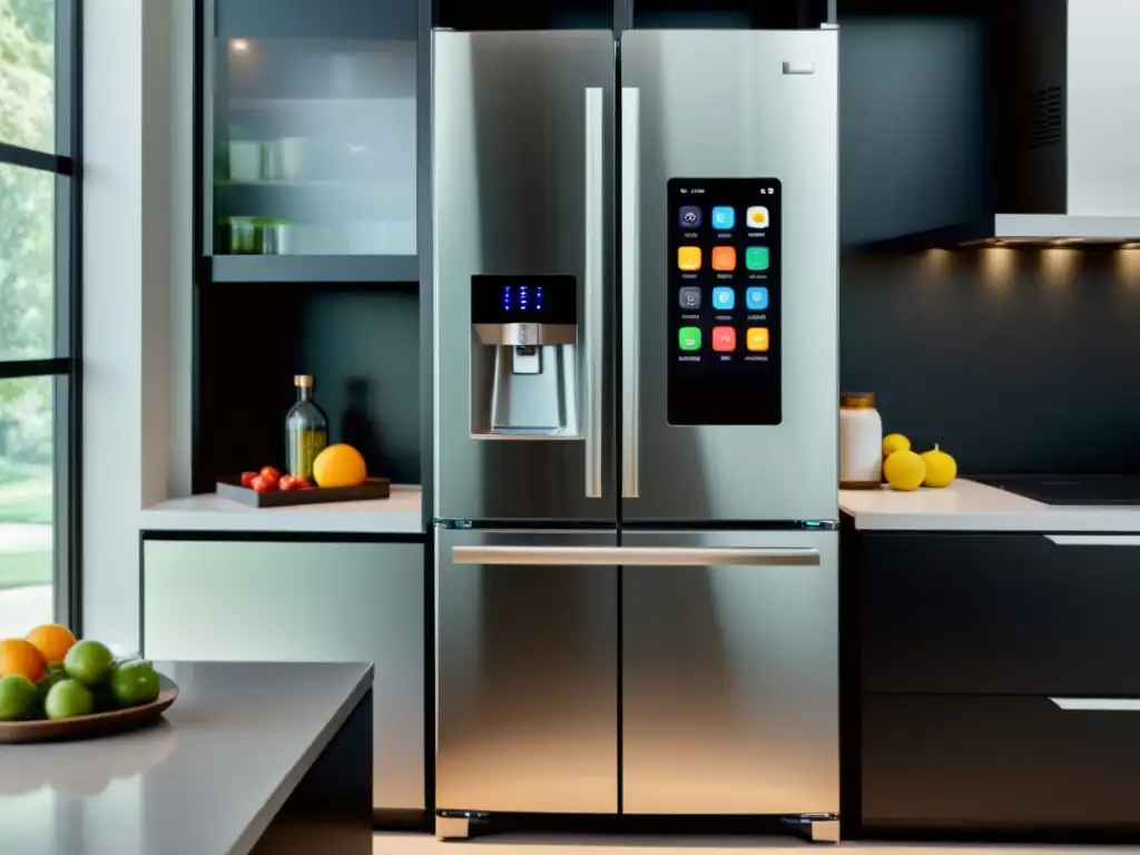 Cocina futurista con nevera y cocina inteligentes Una cocina moderna con electrodomésticos de alta tecnología y compatibilidad con Smart Home, con un diseño minimalista y futurista