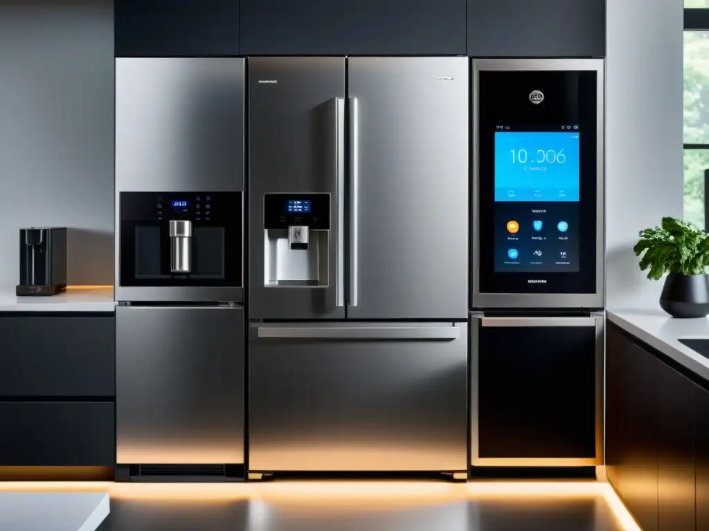 Cocina inteligente con electrodomésticos autónomos integrados La cocina moderna conecta electrodomésticos autónomos con el hogar inteligente, creando un ambiente acogedor y sofisticado