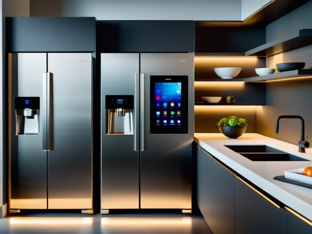Cocina moderna con electrodomésticos inteligentes y diseño minimalista Una cocina moderna con electrodomésticos autónomos, conectados al hogar inteligente, de diseño minimalista y estética futurista