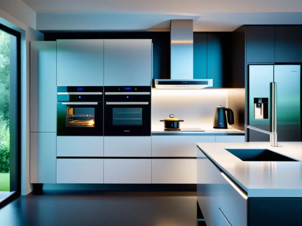 Cocina futurista: electrodomésticos autónomos de última generación Una cocina moderna con electrodomésticos autónomos integrados en un diseño futurista