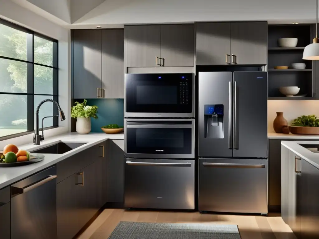 Cocina moderna con electrodomésticos Samsung Bixby Cocina moderna con electrodomésticos compatibles con Samsung Bixby, ambiente sofisticado y alta tecnología
