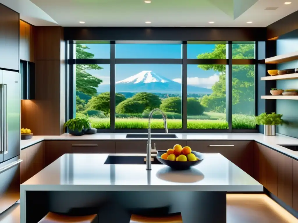 Cocina moderna con electrodomésticos inteligentes y vista al jardín Una cocina moderna con electrodomésticos compatibles con Google Assistant, gadgets de alta tecnología y una vista panorámica al jardín