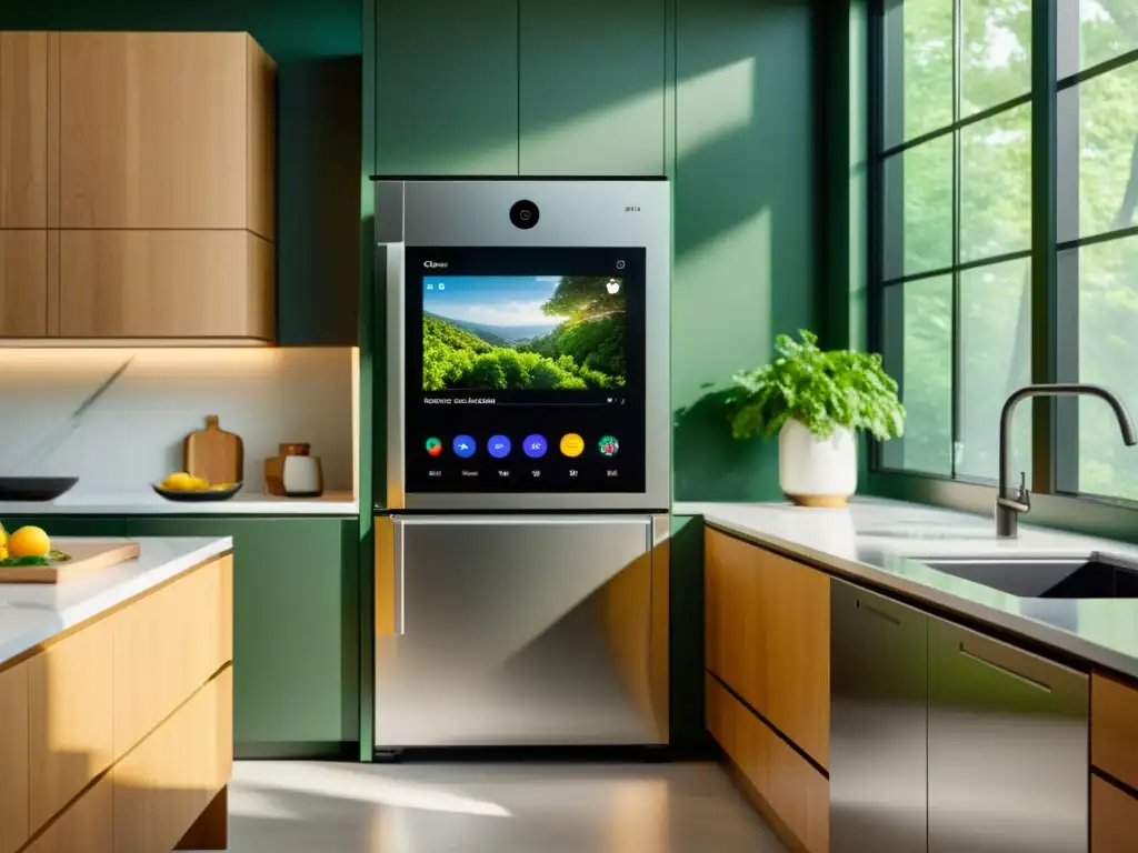Cocina moderna con electrodomésticos compatibles con Google Assistant Una cocina moderna con electrodomésticos compatibles con Google Assistant, diseño minimalista y vista a la naturaleza