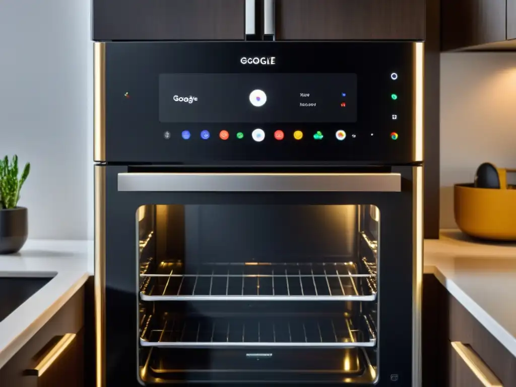 Cocina inteligente con Google Assistant: futurista y funcional Una cocina moderna con electrodomésticos compatibles con Google Assistant, mostrando tecnología y diseño integrados