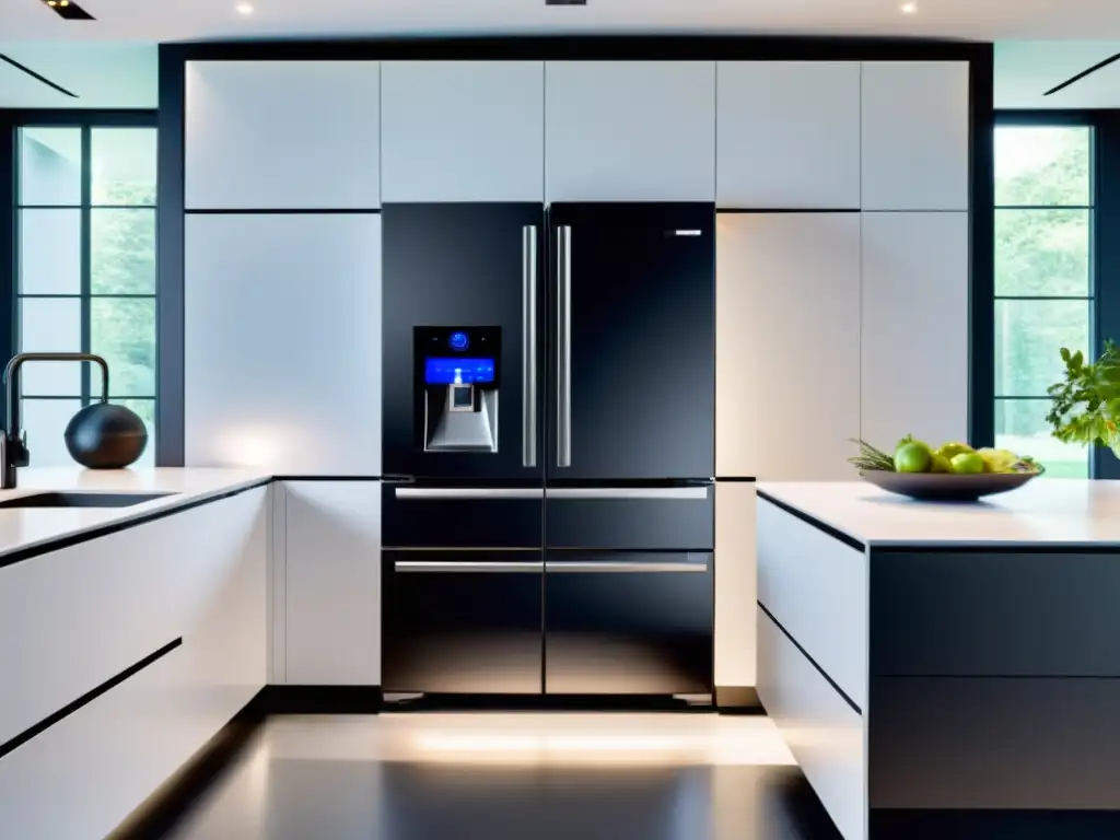 Cocina futurista con electrodomésticos inteligentes Una cocina moderna con electrodomésticos compatibles con domótica, mostrando tecnología avanzada en un ambiente futurista y acogedor