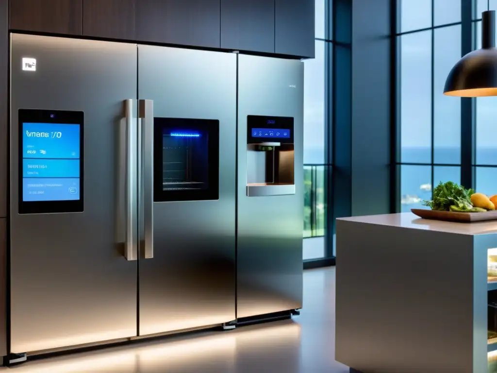 Cocina inteligente con electrodomésticos de vanguardia Una cocina moderna con electrodomésticos conectados de vanguardia, mostrando tecnologías emergentes en electrodomésticos conectados