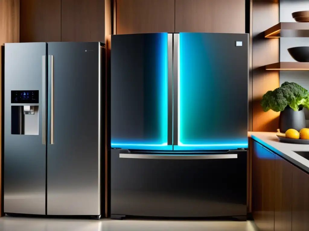 Privacidad moderna: La reflexión del dueño ante la nevera inteligente Una cocina moderna con electrodomésticos conectados, donde el propietario reflexiona sobre la privacidad en electrodomésticos conectados, mientras el refrigerador inteligente muestra una interfaz futurista