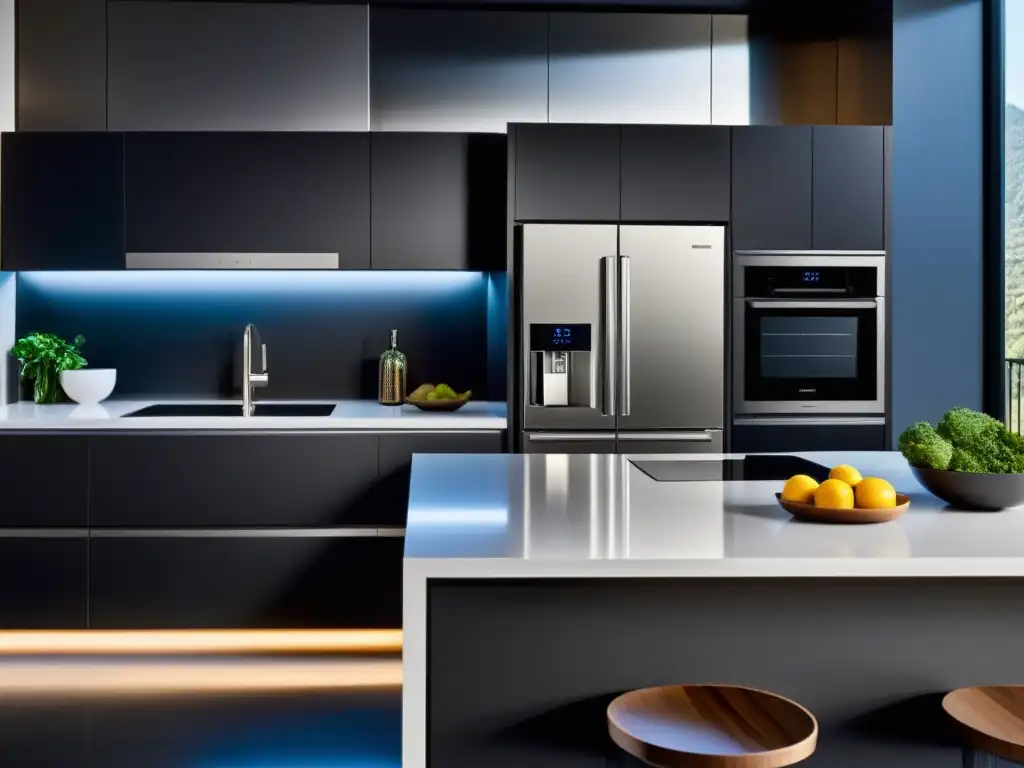 Cocina futurista con electrodomésticos inteligentes y diseño contemporáneo Cocina moderna con electrodomésticos conectados de acero inoxidable