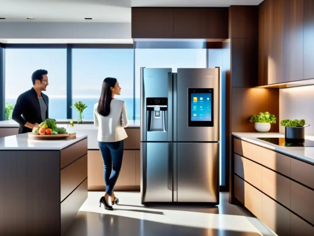Cocina futurista con refrigerador inteligente y tecnología conectada Una cocina moderna con electrodomésticos conectados y una pantalla táctil que muestra ajustes de seguridad