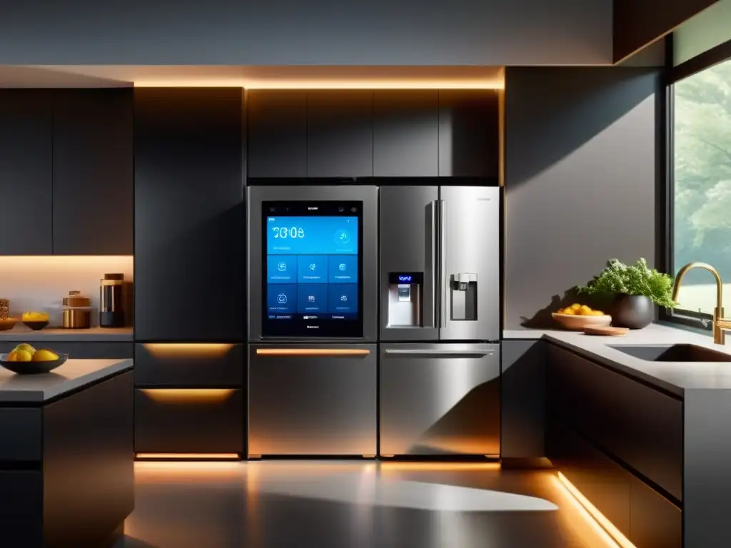 Cocina inteligente con electrodomésticos conectados y asistente por voz Una cocina moderna con electrodomésticos conectados iluminados por LED, crea un ambiente futurista y seguro para electrodomésticos conectados