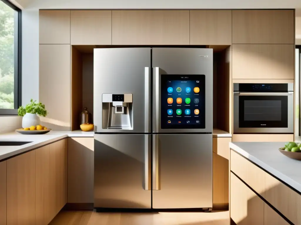 Una cocina moderna con electrodomésticos conectados para ahorrar energía, diseño minimalista y tecnología sofisticada
