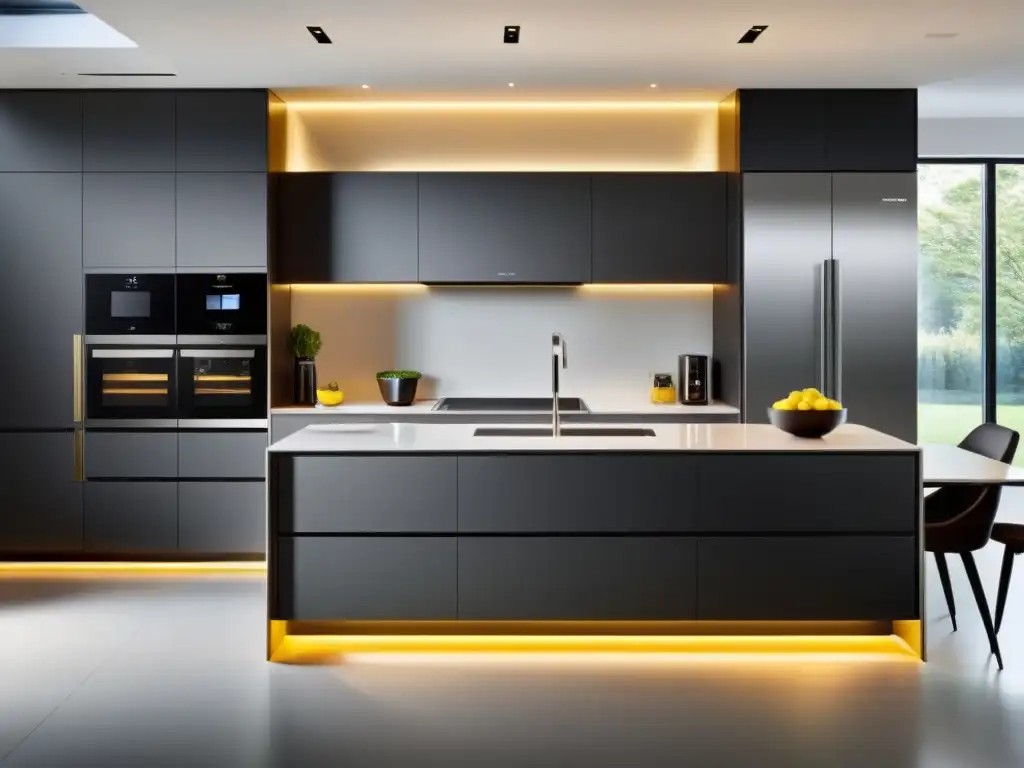 Una cocina moderna con electrodomésticos conectados para ahorrar energía, integrados en un diseño minimalista y elegante