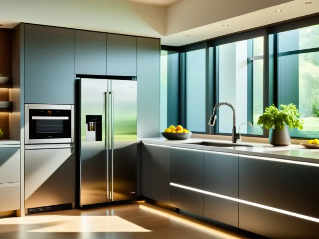 Una cocina moderna con electrodomésticos conectados para ahorrar energía, diseño elegante y ambiente cálido