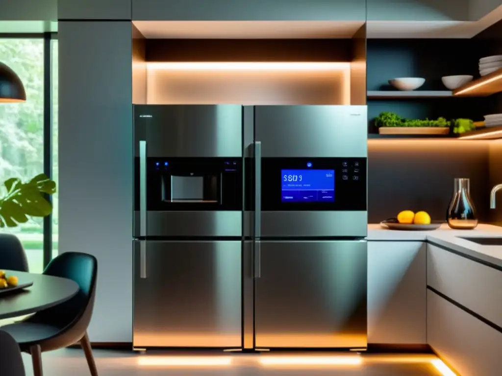 Cocina moderna con electrodomésticos conectados para ahorrar energía y crear un ambiente futurista y acogedor
