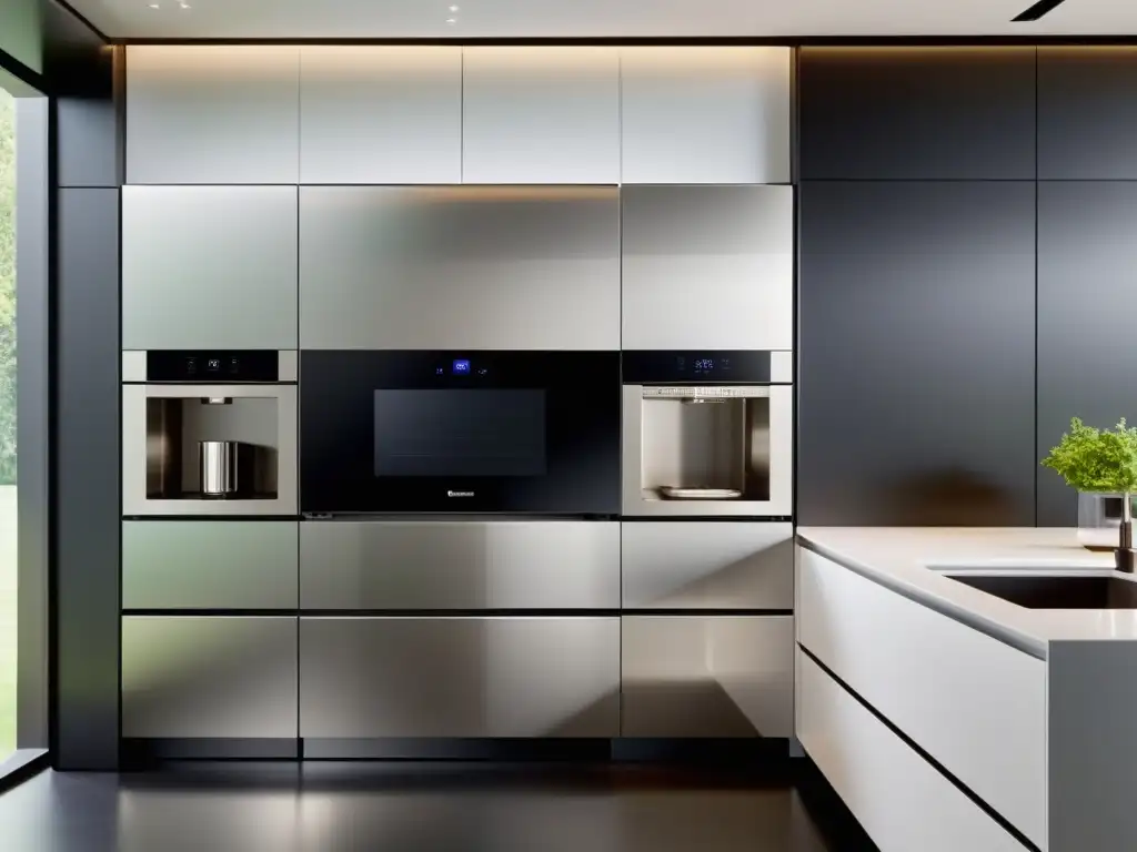 Cocina moderna con electrodomésticos inteligentes integrados Una cocina moderna con electrodomésticos conectados para hogar inteligente integrados de forma elegante, creando un espacio eficiente y conveniente