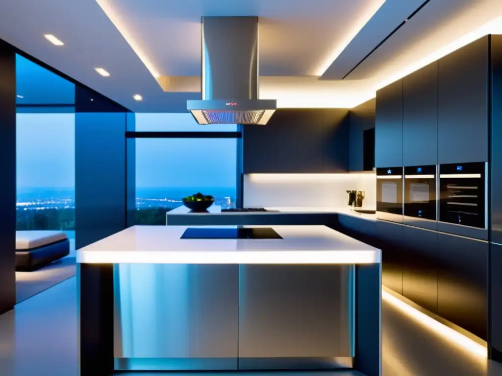 Cocina moderna con electrodomésticos controlados por voz Una cocina moderna con electrodomésticos controlados por voz, diseño minimalista y tecnología inteligente integrada