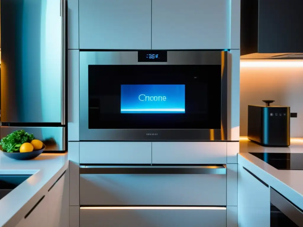 Cocina futurista con electrodomésticos inteligentes y minimalistas Una cocina moderna con electrodomésticos de diseño futurista integrados en un ambiente minimalista blanco y cromado, resaltado por iluminación LED