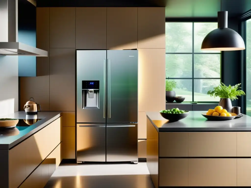 Una cocina moderna con electrodomésticos ecoinnovadores y avanzados, como refrigerador, lavavajillas y placa de inducción