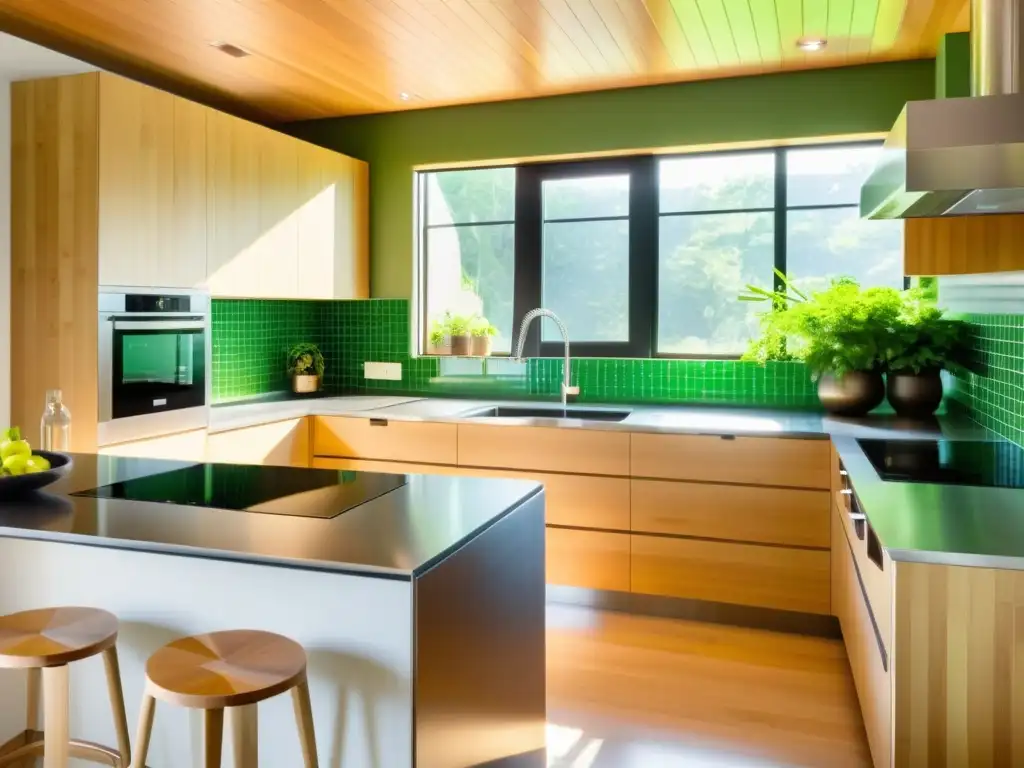 Cocina moderna con electrodomésticos ecológicos y diseño minimalista Una cocina moderna con electrodomésticos ecológicos de acero inoxidable, rodeada de plantas verdes y con una iluminación energéticamente eficiente