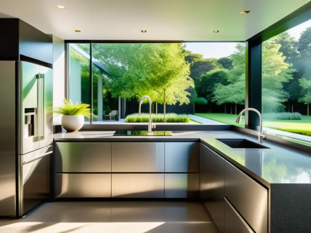 Cocina moderna con electrodomésticos de acero inoxidable y vista al jardín Una cocina moderna con electrodomésticos económicos y un diseño lujoso, iluminada por la luz natural y con vistas a un jardín exuberante