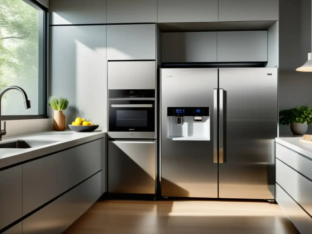 Cocina moderna con electrodomésticos eficientes y diseño ecológico Una cocina moderna con electrodomésticos eficientes y etiqueta energética visible, transmitiendo eficiencia y ecoamigabilidad